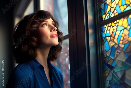 Mulher orando em uma igreja com vitrais, olhando com esperança e fé photo