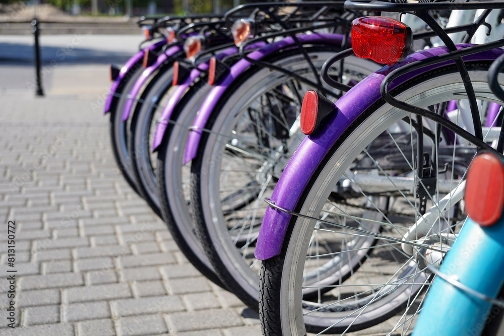 A row of bicycles wheels for rent standing in the street A row of bicycles wheels for rent standing in the street