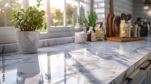 Elegant Marble Kitchen Countertop  Sunlit Modern Aesthetic with Plant