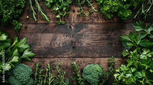 Fresh herbs and spices on a wooden background.