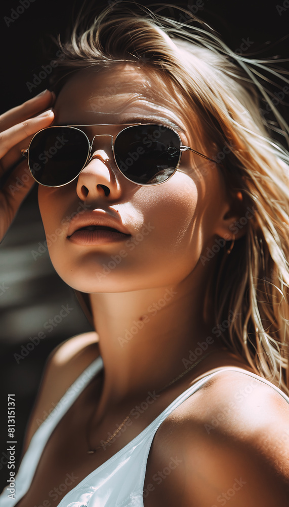 A woman wearing sunglasses and a white tank top poses for the camera A woman wearing sunglasses and a white tank top poses for the camera