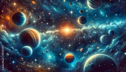 Illustration Featuring a Breathtaking View of Outer Space with Various Planets and Stars. Space background