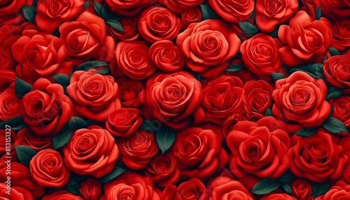 A Top View Close-Up of a Seamless Bright Pattern of Red Roses Background