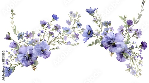 A delicate wildflower floral thin wreath border in watercolour lilac . The wreath wraps around a white oval in the centre