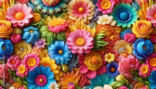 A Top View Close-Up of a 3D Colorful Floral Seamless Pattern Background