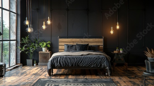 Embrace The Industrial Chic Vibe Of A Loft-Style Bedroom Interior, Characterized By Black Walls, Wooden Slats, A Metal Bed, And Retro Light Bulbs © AIArtistry