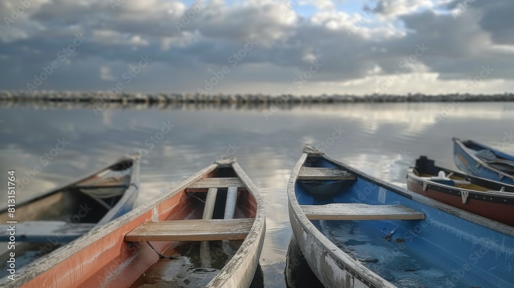 Boats docked on lake with cloudy sky in background Boats docked on lake with cloudy sky in background