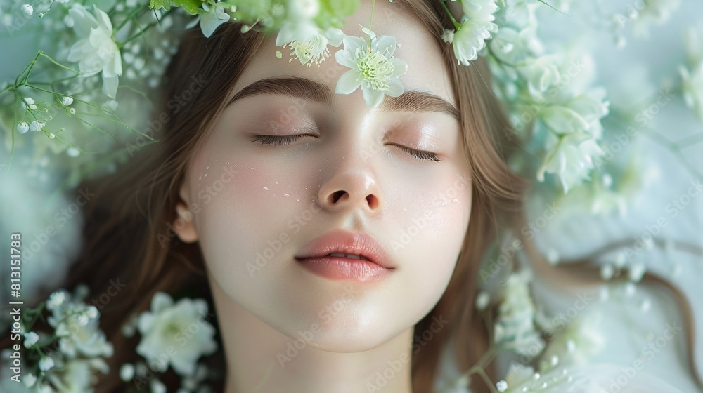 Serene Beauty: A Close-up of a Woman with Her Eyes Closed, Surrounded by White Flower Petals and Dreaming with a Floral Crown on Her Head.