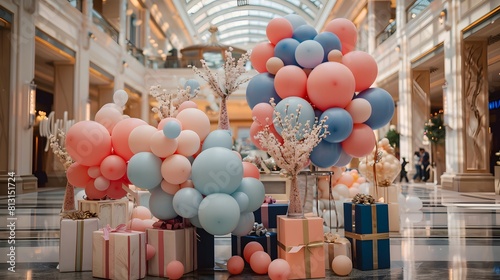 Balloon-filled gift boxes arranged in a charming display, inviting guests to indulge in the excitement of gift-giving photo