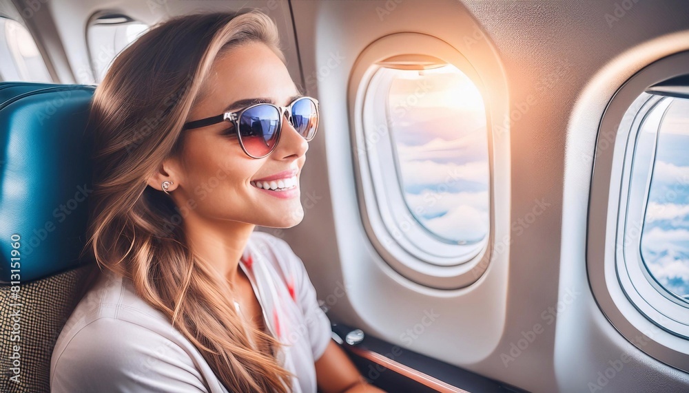 smiling young woman looking out the window on an airplane smiling young woman looking out the window on an airplane