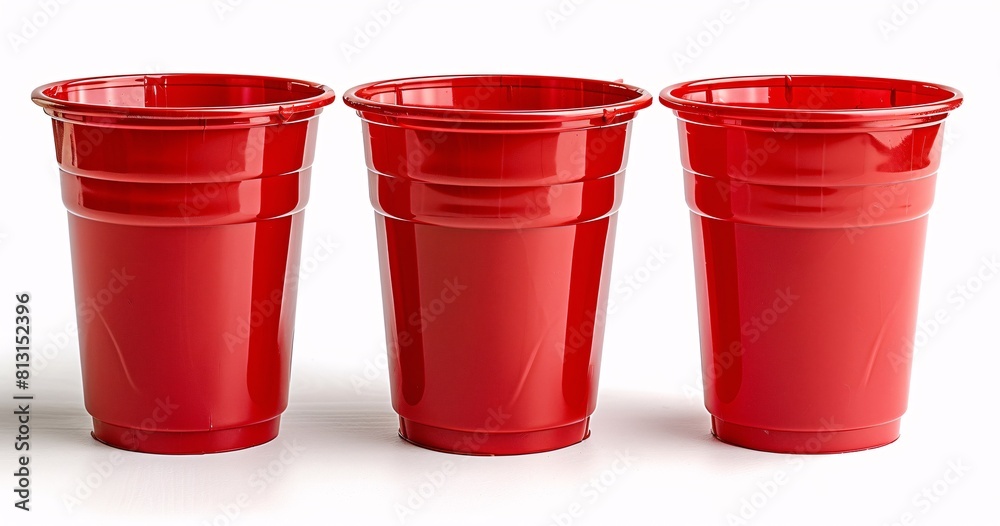 Red Plastic Cups on White Background - A Set of Three Red Plastic Cups on White Background - A Set of Three