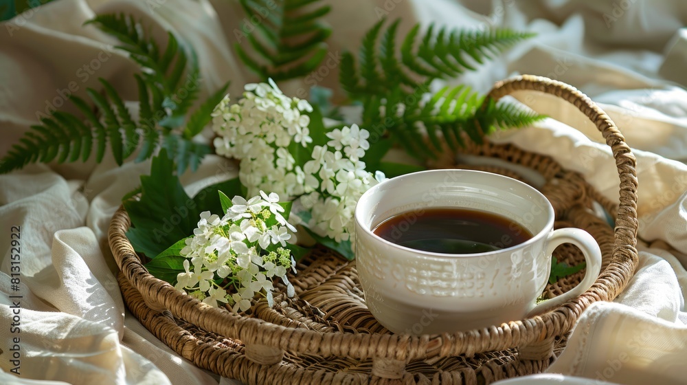 Fototapeta premium Wake Up To The Aroma Of Breakfast In Bed, Featuring A Cup Of Coffee On A Wicker Tray Alongside A Green Bouquet Of White Viburnum And Fern