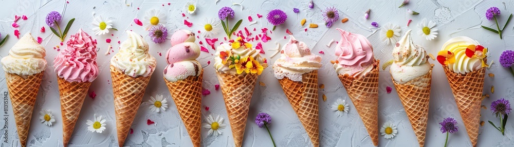 Colorful ice cream cones with variety of toppings. Colorful ice cream cones with variety of toppings.