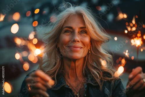 American woman of middle age, holding a sparkler celebrating July 4th
