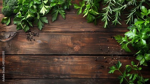Fresh herbs on a wooden background. Parsley, rosemary and spices on a rustic table. photo