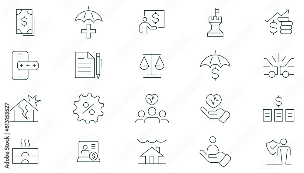 Fototapeta premium Insurance thin line icons set. Life, medical, car, travel, house, healthcare, money and social insurance thin line icon pack. Outline icons collection.