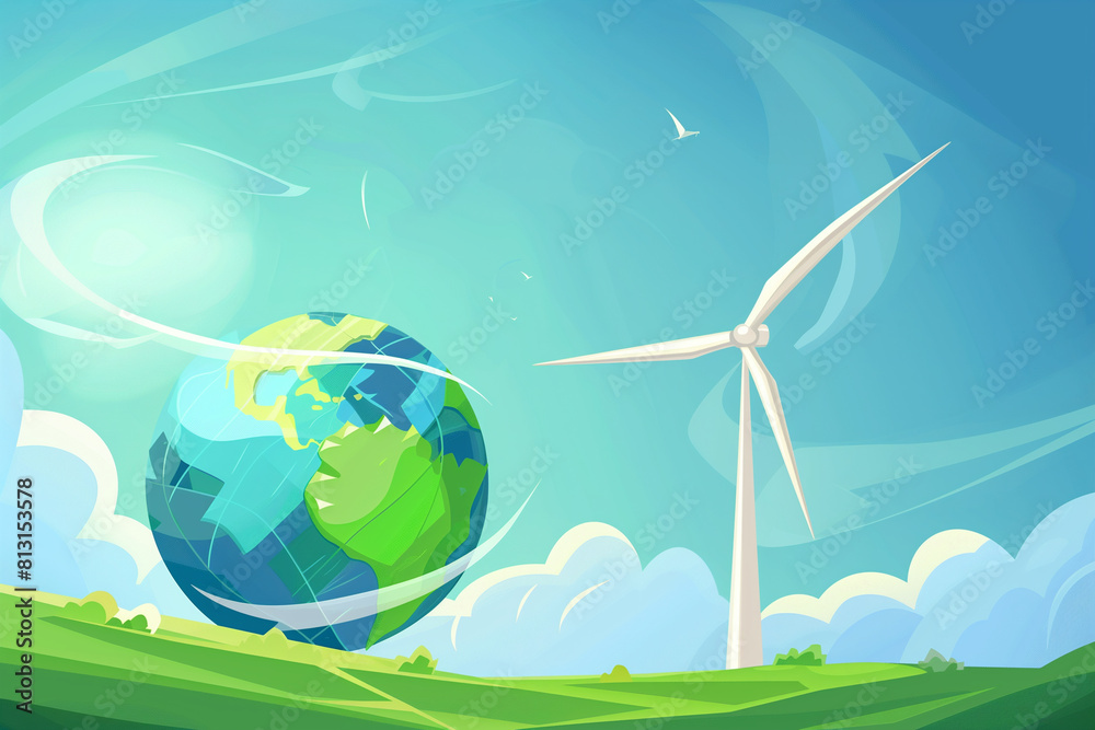Naklejka premium Green Field With Windmills Under Blue Sky