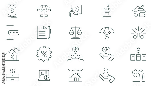 Insurance thin line icons set. Life, medical, car, travel, house, healthcare, money and social insurance thin line icon pack. Outline icons collection.