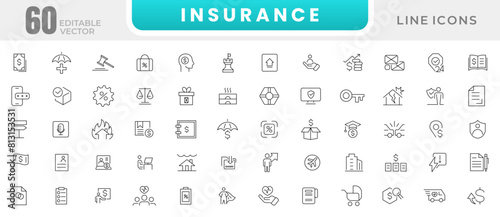 Insurance thin line icons set. Life, medical, car, travel, house, healthcare, money and social insurance thin line icon pack. Outline icons collection.