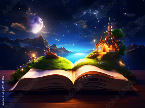 An open book with a magical fantasy. Night view illustration with a book. The magical power of reading and words, knowledge.