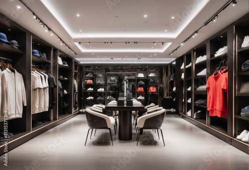 A high-end men s athletic apparel and sneaker showroom with sleek black displays.
