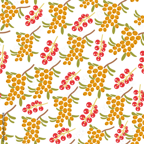 color isolated seamless pattern currant and sea buckthorn berries in flat shape style in vector. template for backdrop textile wallpaper wrapping background print decor design