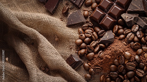 Coffee beans and pieces of dark chocolate bar on sackcloth.
