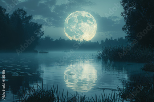 The ethereal glow of a full moon casting its silver light over a tranquil lake  creating a mesmerizing reflection. Concept of nocturnal beauty. Generative Ai.