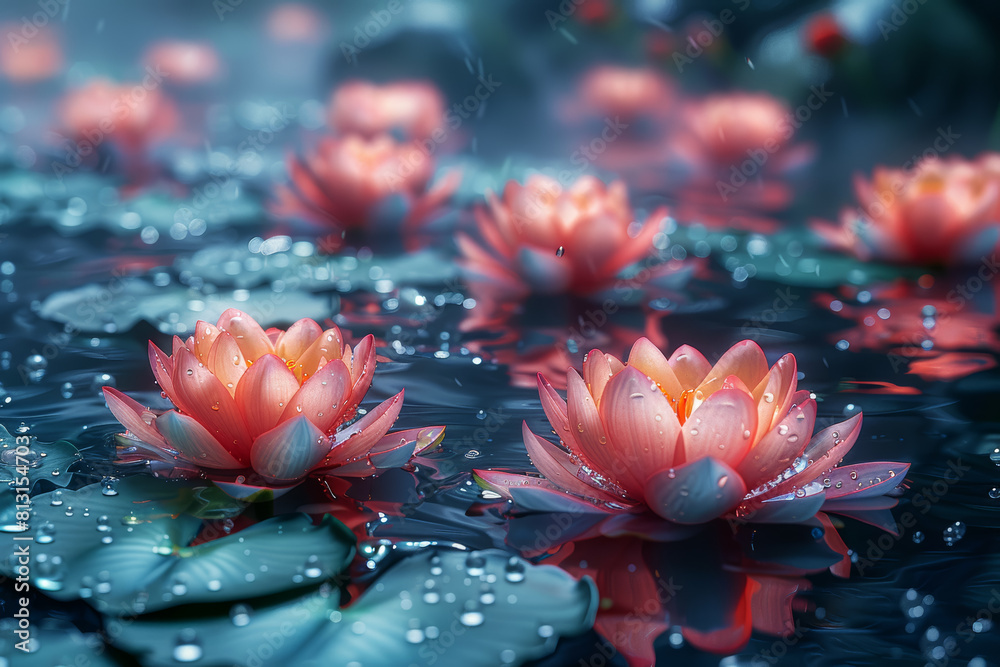 A tranquil pond adorned with water lilies, their delicate petals floating gracefully on the surface. Concept of serene tranquility. Generative Ai. A tranquil pond adorned with water lilies, their delicate petals floating gracefully on the surface. Concept of serene tranquility. Generative Ai.