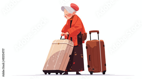 Old senior elder woman in red dress with suitcase i