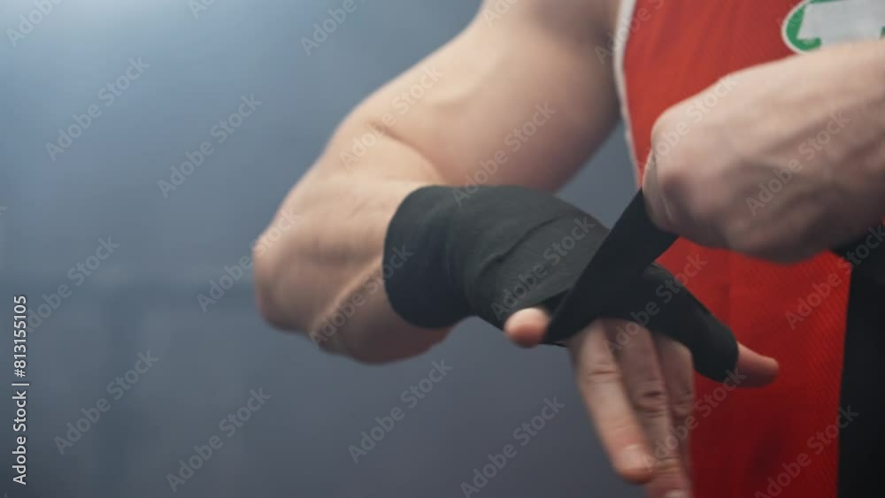 Mma fighter preparing for fight. Close-up of young athlete getting ready for fight. Unrecognizable person wrapping hands before fighting in slow motion. 4K, UHD Mma fighter preparing for fight. Close-up of young athlete getting ready for fight. Unrecognizable person wrapping hands before fighting in slow motion. 4K, UHD