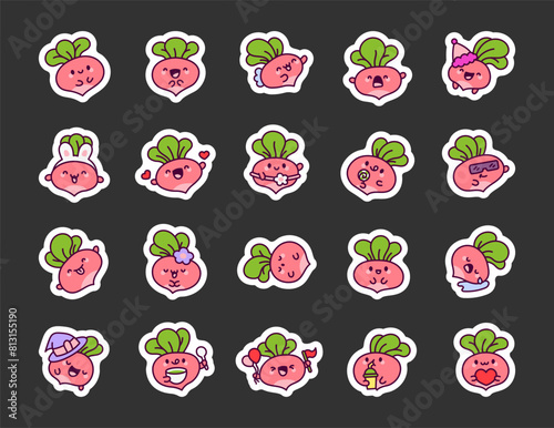 Kawaii radishes character. Sticker Bookmark. Cute vegetable. Funny cartoon. Hand drawn style. Vector drawing. Collection of design elements.