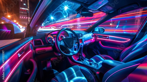 A car interior illuminated with colorful LED lights synchronized with the beat of music, creating a dynamic audiovisual experience.