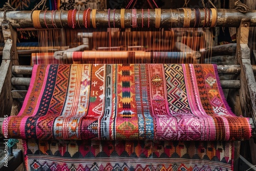 A close-up of a traditional handloom with vibrant colors. The intricate patterns and textures of the fabric are a testament to the skill and artistry of the weaver.