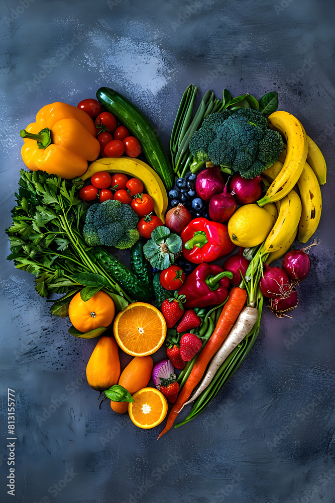 Colorful Artistic Display of Fresh Fruits and Vegetables Symbolizing Vegan Diet in a Heart Shape