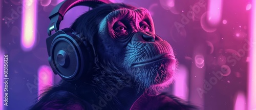 A monkey wearing a headset and listening to music under a neonlit sky, symbolizing the fusion of wildlife and technology