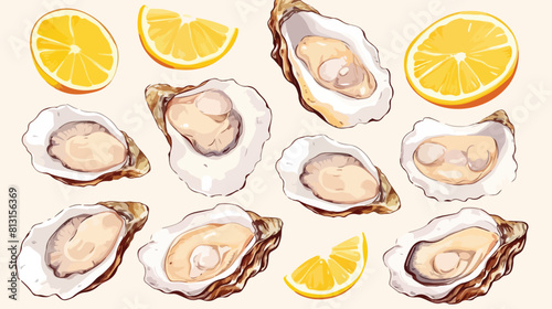 Oyster shells with mollusk and slices of lemon hand