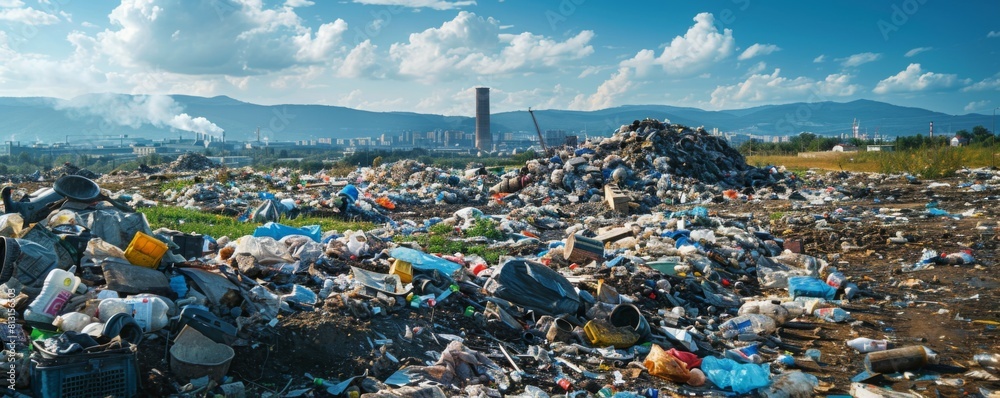 A large garbage dump with a view of the city in the background. The sky is blue and there are white clouds.