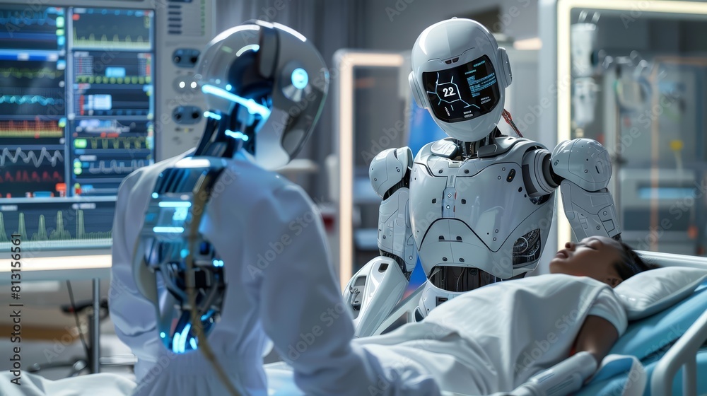 A robotic nurse tends to a patient in a cuttingedge medical facility, foreshadowing the future of healthcare A robotic nurse tends to a patient in a cuttingedge medical facility, foreshadowing the future of healthcare