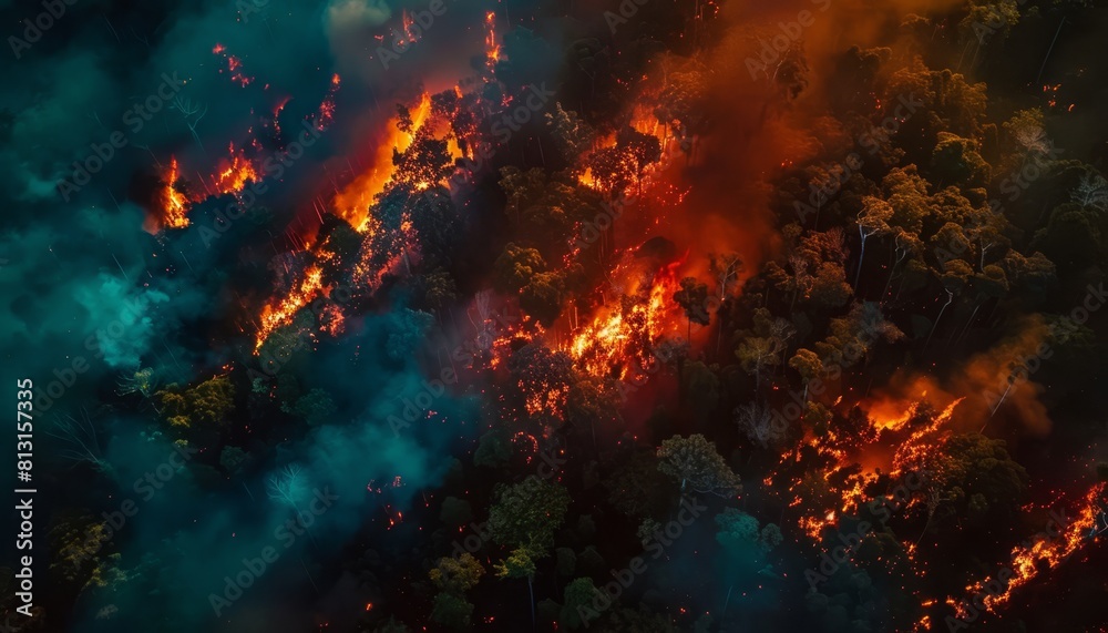 Aerial view of a devastating forest fire at dusk, with visible flames and smoke