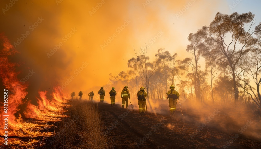 Obraz premium Group of firefighters battling a fierce bushfire in a rural area at sunset