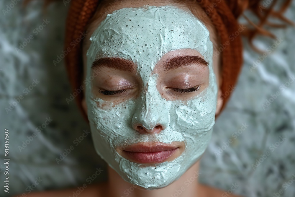 A woman with a face mask on, taking care of her skin A woman with a face mask on, taking care of her skin