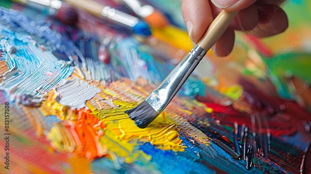 Fototapeta premium artists hand holding paintbrush and applying colorful paint on canvas art therapy