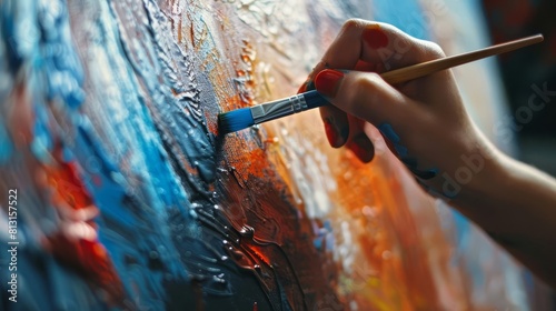 artists hand holding paintbrush and applying colorful paint on canvas art therapy