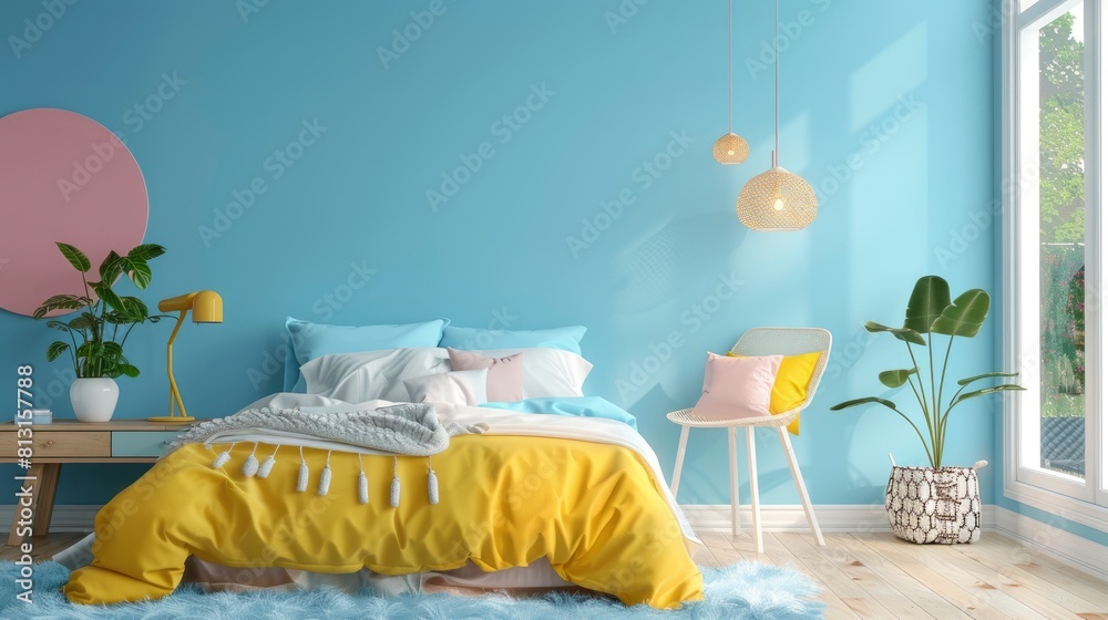 Explore A Teenage Girl'S Room With A Mock-Up Wall On A Blue Background, Offering A Playful And Vibrant Space For Creativity And Relaxation