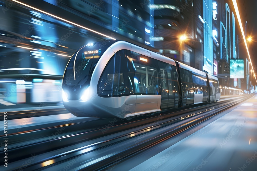 Fototapeta premium An ultramodern train speeds through a luminous cityscape, depicting the evolution of ecofriendly public transit