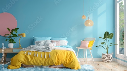 Obraz na płótnie Explore A Teenage Girl'S Room With A Mock-Up Wall On A Blue Background, Offering A Playful And Vibrant Space For Creativity And Relaxation w salonie