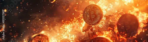 Bitcoin crashes dramatically, symbolizing the volatility of digital currencies in a fiery visual photo