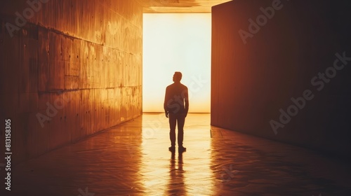 The silhouette of an individual facing a brightly lit threshold symbolizes decisionmaking at the cusp of the future photo