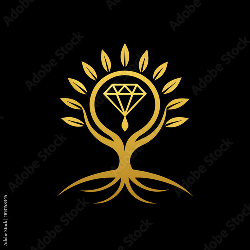Create a high-resolution gold jewelers shop logo vector art illustration with a perfect stylish modern shape featuring a line design on a solid black background. 